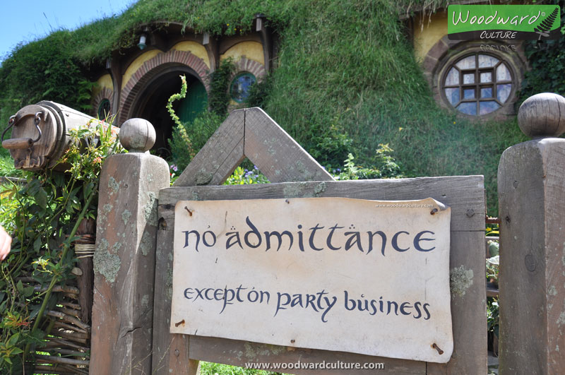 No admittance except on party business sign - Hobbiton Movie Set Sign New Zealand - Woodward Culture Travel Guide