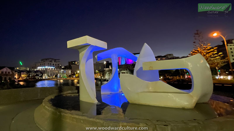 Albatross Fountain at night - Whairepo Lagoon, Wellington, New Zealand. Woodward Culture Travel Guide