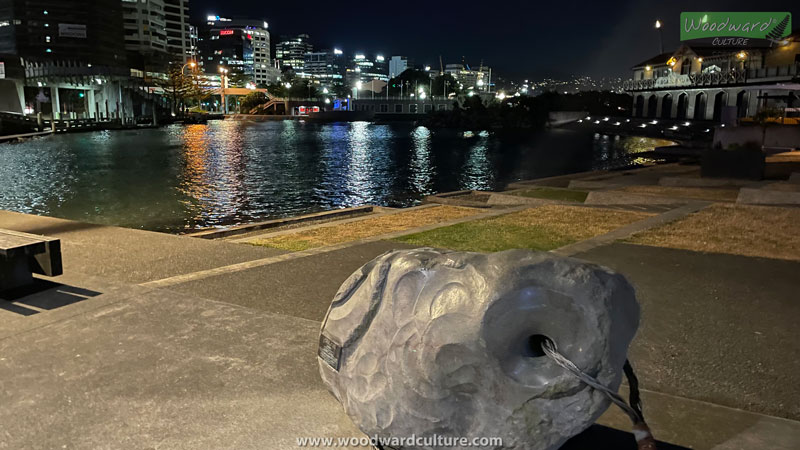 Anchor sculpture at Whairepo Lagoon at night in Wellington, New Zealand. Woodward Culture Travel Guide