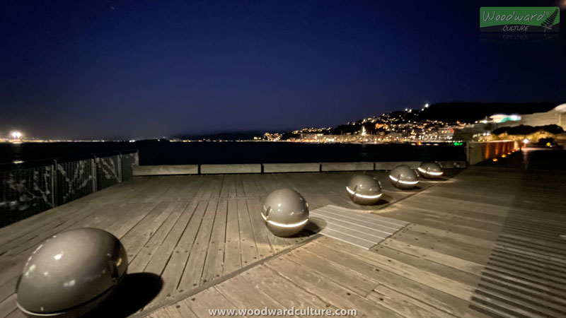 Metal spheres with lights at Wellington waterfront, New Zealand. Woodward Culture Travel Guide.