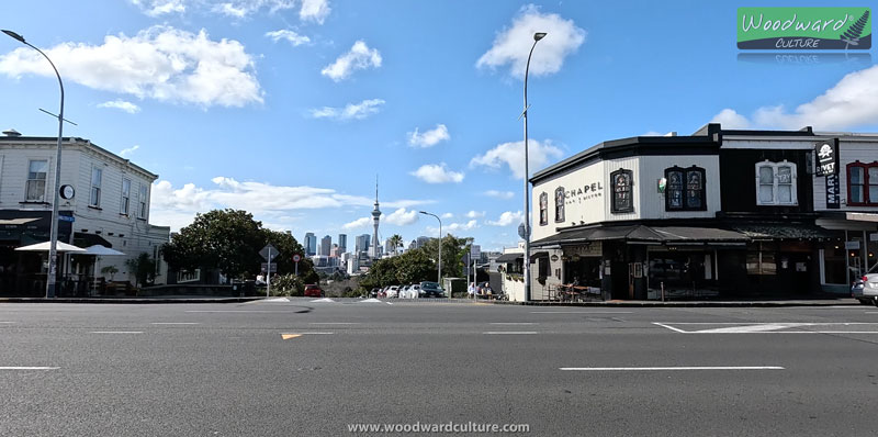 Chapel Bar & Bistro Ponsonby with Sky Tower in the distance - Auckland, New Zealand - Woodward Culture