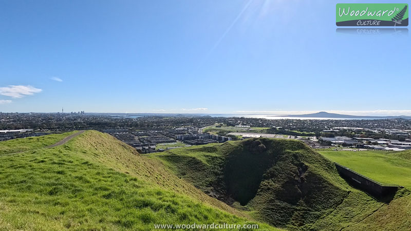 View from the summit and crater of Mount Wellington / Maungarei in Auckland, New Zealand with a view of Rangitoto Island in the background - Woodward Culture