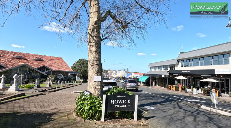 Welcome to Howick Village sign on Picton Street, Auckland, New Zealand - Woodward Culture