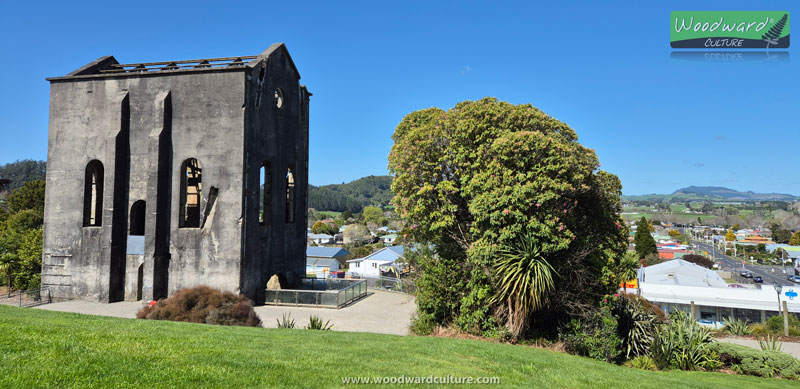 The Cornish Pumphouse with a view of part of Waihi, New Zealand.