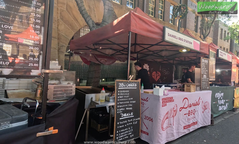 Kangaroo and Crocodile BBQ stand at The Rocks Sunday Markets, Sydney Australia - Woodward Culture