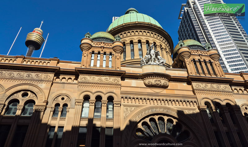 Outside QVB with Sydney Tower - Queen Victoria Building Sydney, Australia - Woodward Culture